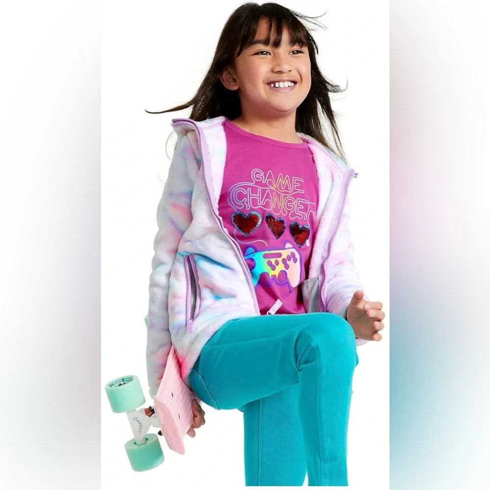 Lands' End • Girls Kids Softest Fleece White Pink Swirl Hooded Jacket M (8) NWOT - Picture 4 of 11